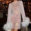 Sparkly Rhinestone Fishnet Feather Sleeve Long Sleeve Sheer Mini Dress - White Sparkly Rhinestone Fishnet Feather Sleeve Long Sleeve Sheer Mini Dress - White