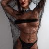 Sparkly Rhinestone Long Sleeve Fishnet Sheer Club Mini Dress - Black Sparkly Rhinestone Long Sleeve Fishnet Sheer Club Mini Dress - Black