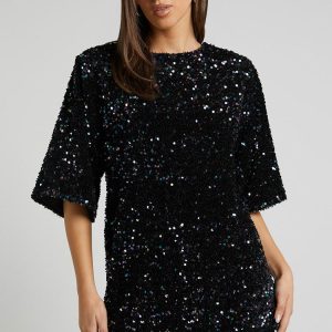 Sparkly Sequin Crew Neck Short Sleeve Oversized Velvet Party Mini Dress - Black