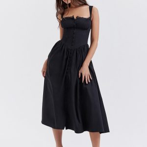 Strappy Corset Flowy Midi Dress With Pocket