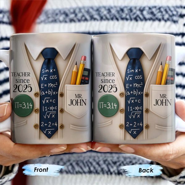 Teacher Since 2025, Pi=3.14 Necktie, Shirt, Pencil, Brush, Mathematical Equations - Personalized Custom Coffee Mug - TEACH001_MG