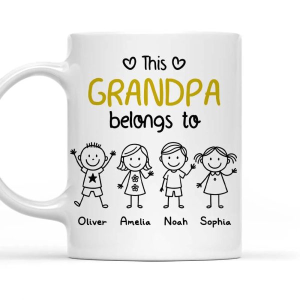 This Grandpa Belongs To Personalized White Ceramic Mug with Grandkids' Names, Cute Gift for Grandfather This Grandpa Belongs To Personalized White Ceramic Mug with Grandkids' Names, Cute Gift for Grandfather