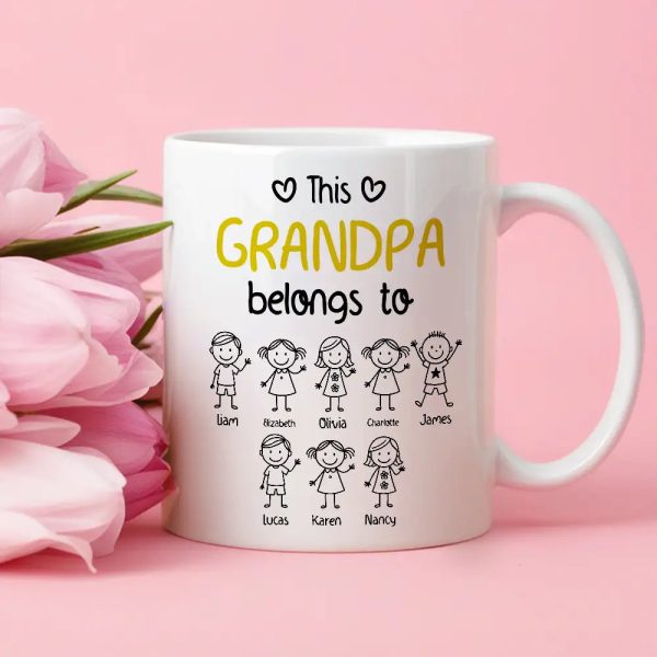 This Grandpa Belongs To Personalized White Ceramic Mug with Grandkids' Names, Cute Gift for Grandfather This Grandpa Belongs To Personalized White Ceramic Mug with Grandkids' Names, Cute Gift for Grandfather