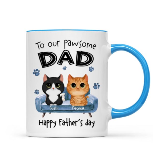 To Pawsome Dad Watercolor Cute Cat Sitting On Sofa Personalized Mug To Pawsome Dad Watercolor Cute Cat Sitting On Sofa Personalized Mug