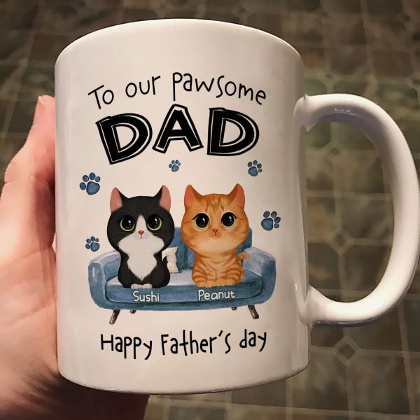 To Pawsome Dad Watercolor Cute Cat Sitting On Sofa Personalized Mug To Pawsome Dad Watercolor Cute Cat Sitting On Sofa Personalized Mug