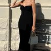Twist Front Strapless Split Sweater Midi Beach Vacation Dress - Black Twist Front Strapless Split Sweater Midi Beach Vacation Dress - Black