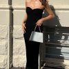 Twist Front Strapless Split Sweater Midi Beach Vacation Dress - Black Twist Front Strapless Split Sweater Midi Beach Vacation Dress - Black