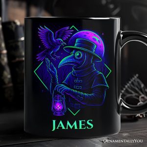 Vaporwave Plague Doctor Personalized Mug, Retro Neon Horror Vibes Halloween Gift with Custom Name