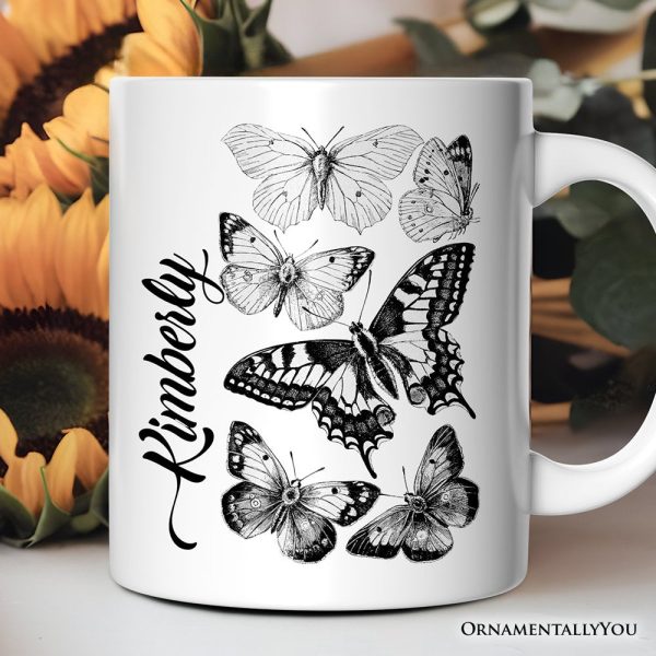Vintage Butterfly Sketch Personalized Mug, Botanical Insect Art Nature Gift with Custom Name Vintage Butterfly Sketch Personalized Mug, Botanical Insect Art Nature Gift with Custom Name