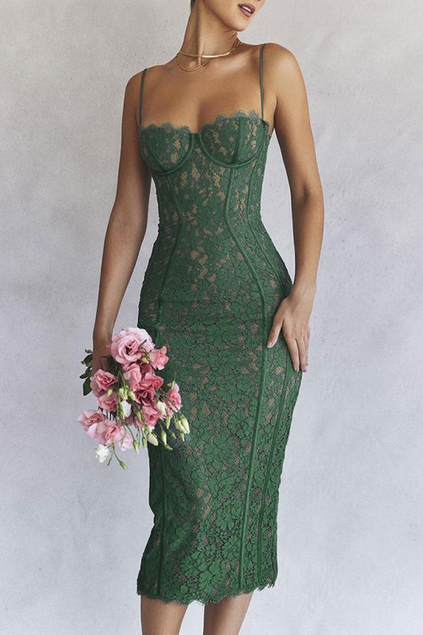 Vintage Eyelash Sweetheart Bodycon Lace Cocktail Midi Dress - Green Vintage Eyelash Sweetheart Bodycon Lace Cocktail Midi Dress - Green