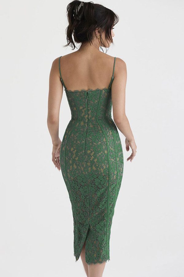 Vintage Eyelash Sweetheart Bodycon Lace Cocktail Midi Dress - Green Vintage Eyelash Sweetheart Bodycon Lace Cocktail Midi Dress - Green