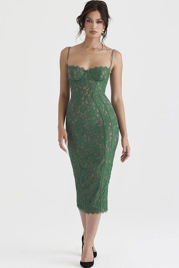 Vintage Eyelash Sweetheart Bodycon Lace Cocktail Midi Dress - Green Vintage Eyelash Sweetheart Bodycon Lace Cocktail Midi Dress - Green