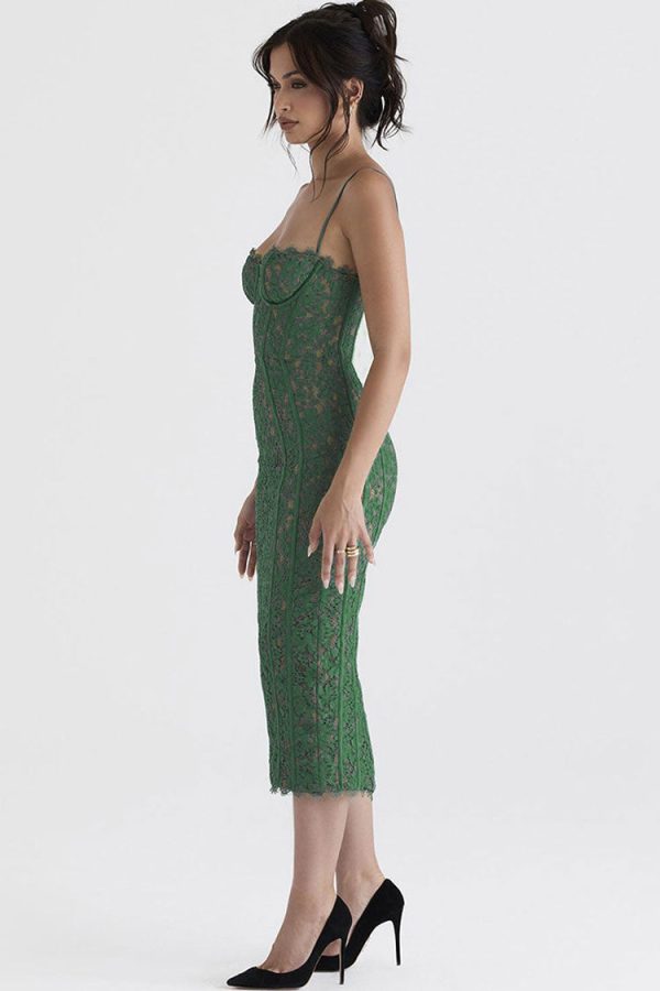 Vintage Eyelash Sweetheart Bodycon Lace Cocktail Midi Dress - Green Vintage Eyelash Sweetheart Bodycon Lace Cocktail Midi Dress - Green