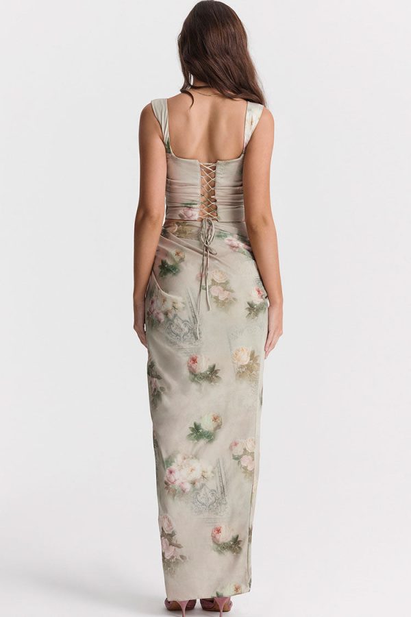 Vintage Printed Draped Corset Top Split Two Piece Maxi Dress - Floral Vintage Printed Draped Corset Top Split Two Piece Maxi Dress - Floral
