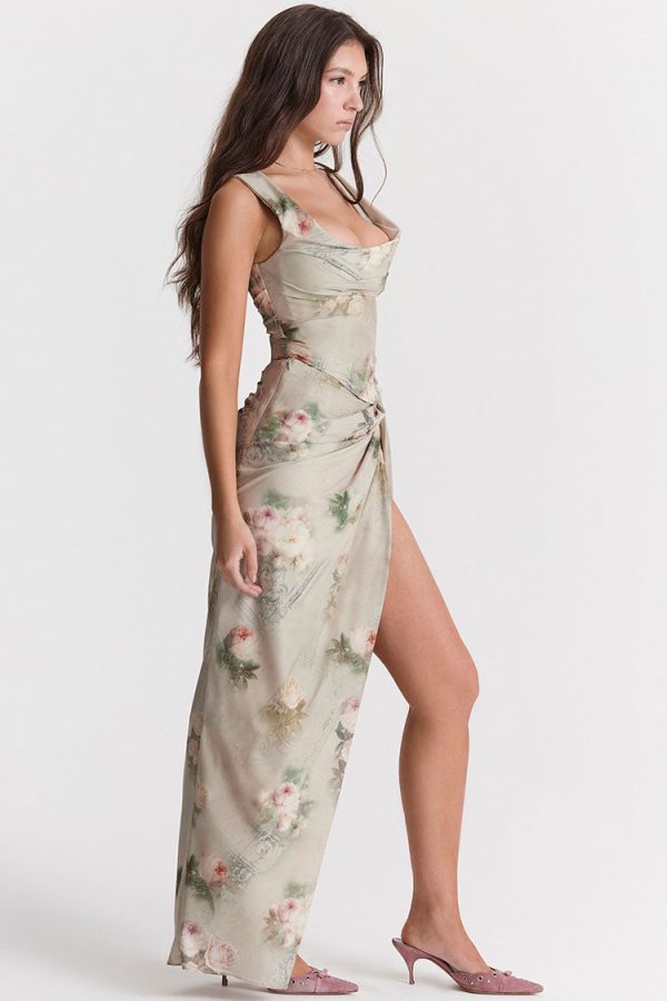 Vintage Printed Draped Corset Top Split Two Piece Maxi Dress - Floral Vintage Printed Draped Corset Top Split Two Piece Maxi Dress - Floral