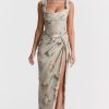 Vintage Printed Draped Corset Top Split Two Piece Maxi Dress - Floral Vintage Printed Draped Corset Top Split Two Piece Maxi Dress - Floral