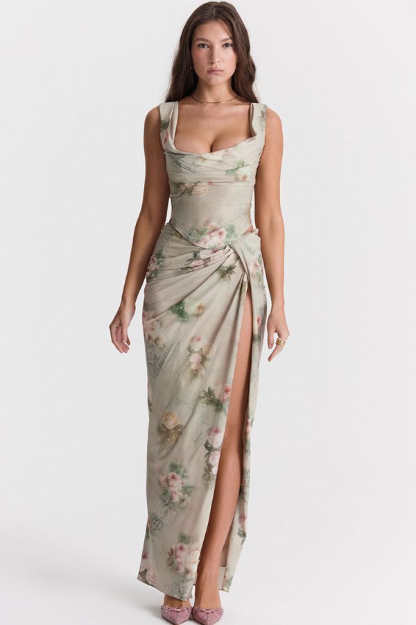 Vintage Printed Draped Corset Top Split Two Piece Maxi Dress - Floral Vintage Printed Draped Corset Top Split Two Piece Maxi Dress - Floral