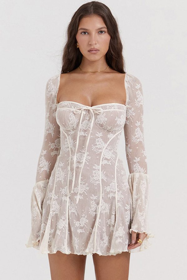 Vintage Tie Neck Bell Sleeve Pleated Floral Lace Fishtail Mini Dress - Beige Vintage Tie Neck Bell Sleeve Pleated Floral Lace Fishtail Mini Dress - Beige