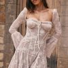 Vintage Tie Neck Bell Sleeve Pleated Floral Lace Fishtail Mini Dress - Beige Vintage Tie Neck Bell Sleeve Pleated Floral Lace Fishtail Mini Dress - Beige