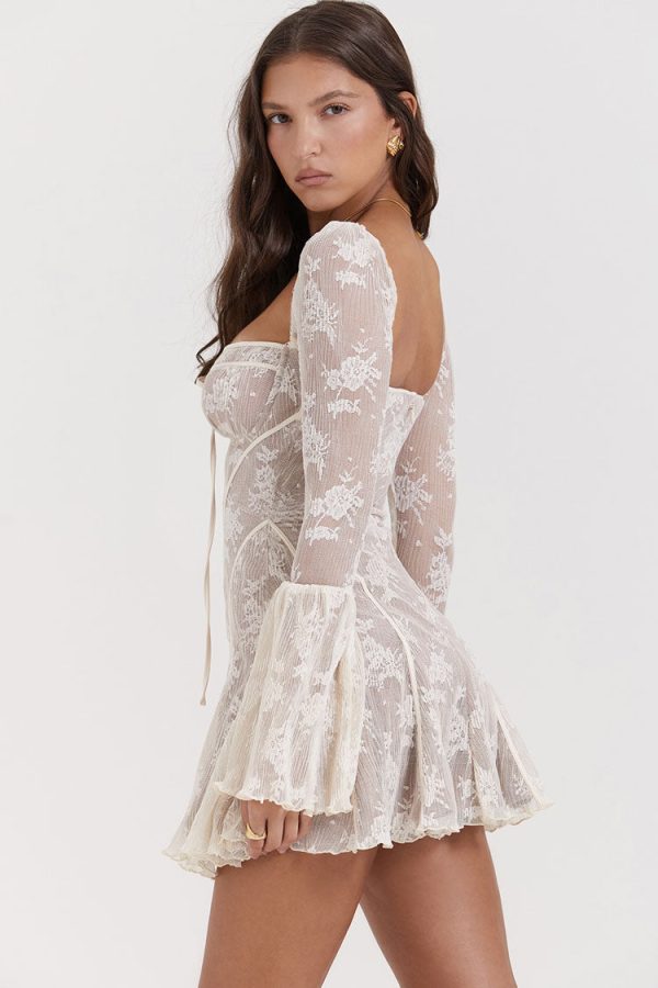 Vintage Tie Neck Bell Sleeve Pleated Floral Lace Fishtail Mini Dress - Beige Vintage Tie Neck Bell Sleeve Pleated Floral Lace Fishtail Mini Dress - Beige