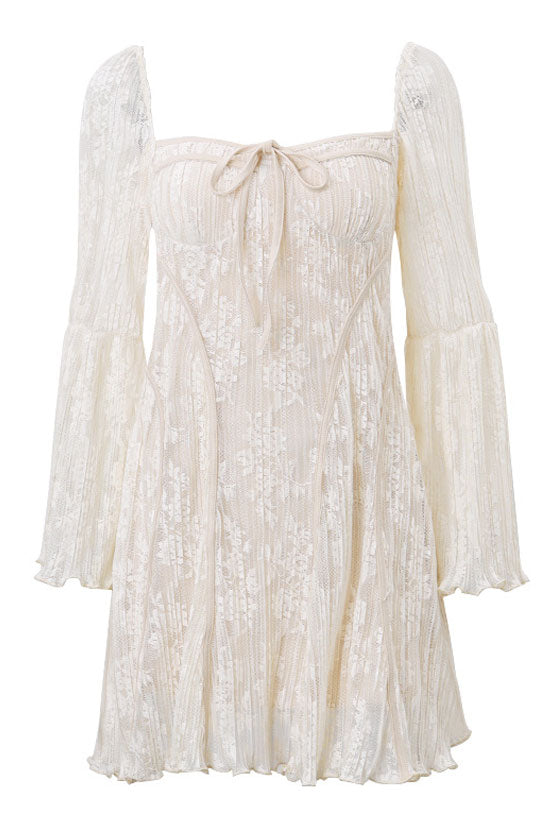 Vintage Tie Neck Bell Sleeve Pleated Floral Lace Fishtail Mini Dress - Beige Vintage Tie Neck Bell Sleeve Pleated Floral Lace Fishtail Mini Dress - Beige