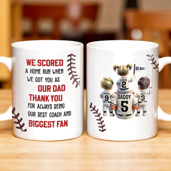 We Scored A Home Run When We Got You As Our Dad, Baseball Stitches And Uniforms - Personalized Custom Coffee Mug - DAD140_MG We Scored A Home Run When We Got You As Our Dad, Baseball Stitches And Uniforms - Personalized Custom Coffee Mug - DAD140_MG