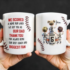 We Scored A Home Run When We Got You As Our Dad, Baseball Stitches And Uniforms - Personalized Custom Coffee Mug - DAD140_MG