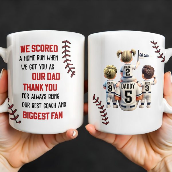 We Scored A Home Run When We Got You As Our Dad, Baseball Stitches And Uniforms - Personalized Custom Coffee Mug - DAD140_MG We Scored A Home Run When We Got You As Our Dad, Baseball Stitches And Uniforms - Personalized Custom Coffee Mug - DAD140_MG