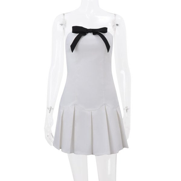 White Bow Design Pleated Mini Dress White Bow Design Pleated Mini Dress