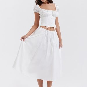 White Buttoned Drawstring Crop Top and Midi Skirt Two Piece Set