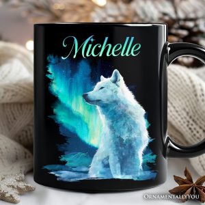Wild Aurora White Wolf Personalized Mug, Northern Lights Arctic Wolf Gift with Custom Name