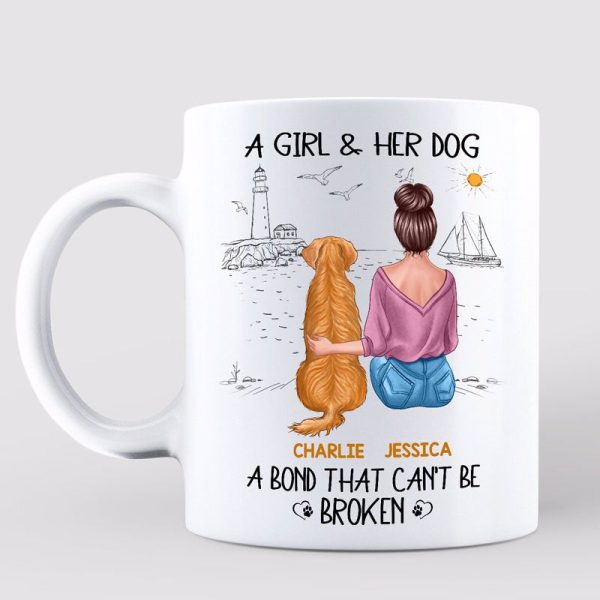 Woman & Dog Sitting On Beach Simple Sketch Personalized Mug Woman & Dog Sitting On Beach Simple Sketch Personalized Mug