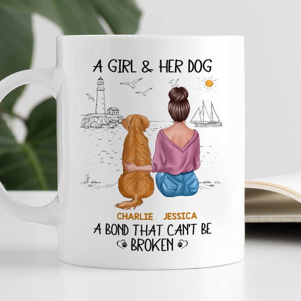 Woman & Dog Sitting On Beach Simple Sketch Personalized Mug Woman & Dog Sitting On Beach Simple Sketch Personalized Mug
