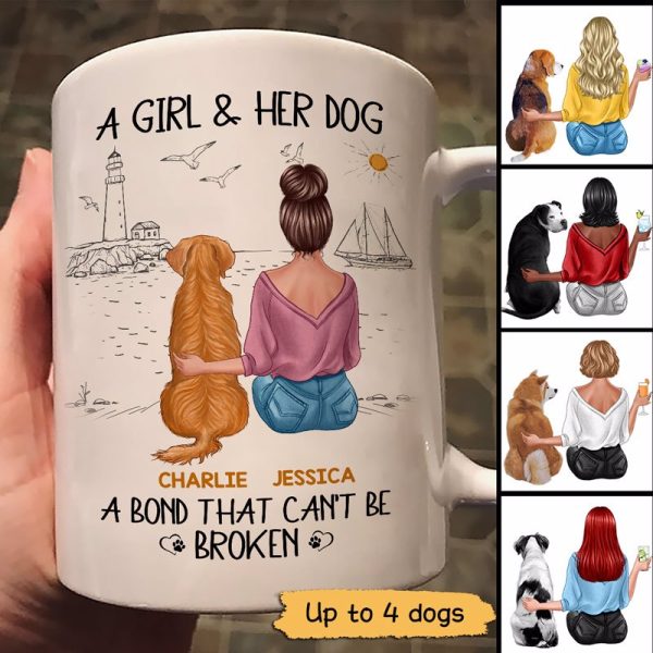 Woman & Dog Sitting On Beach Simple Sketch Personalized Mug Woman & Dog Sitting On Beach Simple Sketch Personalized Mug