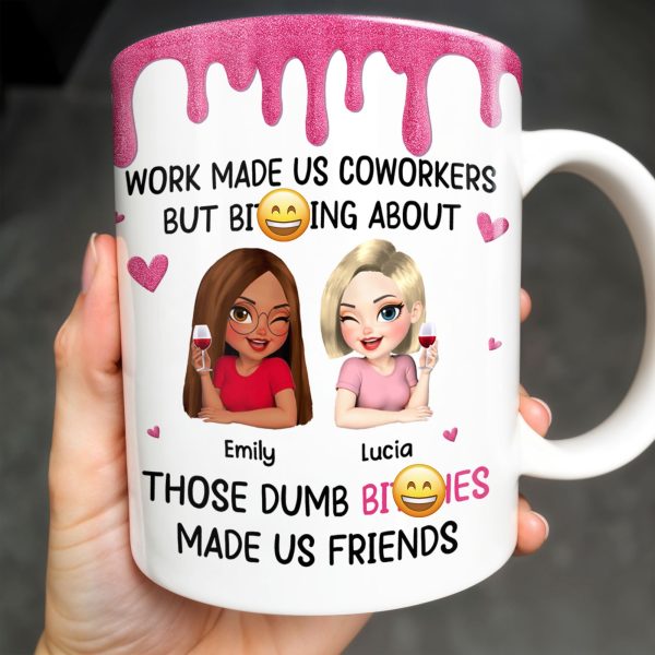 Work Made Us Coworkers, Cartoon Portraits And Wine Glass - Personalized Custom Coffee Mug - COL109_MG Work Made Us Coworkers, Cartoon Portraits And Wine Glass - Personalized Custom Coffee Mug - COL109_MG